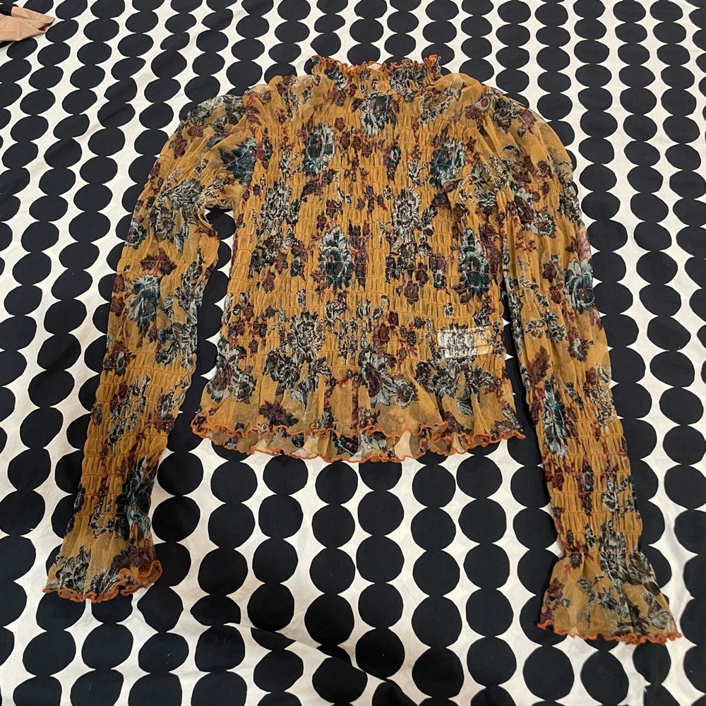 Free People Mesh Floral Ruffle Long Sleeve Top, Sz Small